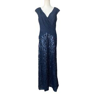 Tadashi Shoji Lace Sequin Long Evening Gown Dress Size 10 Formal Navy Illusion